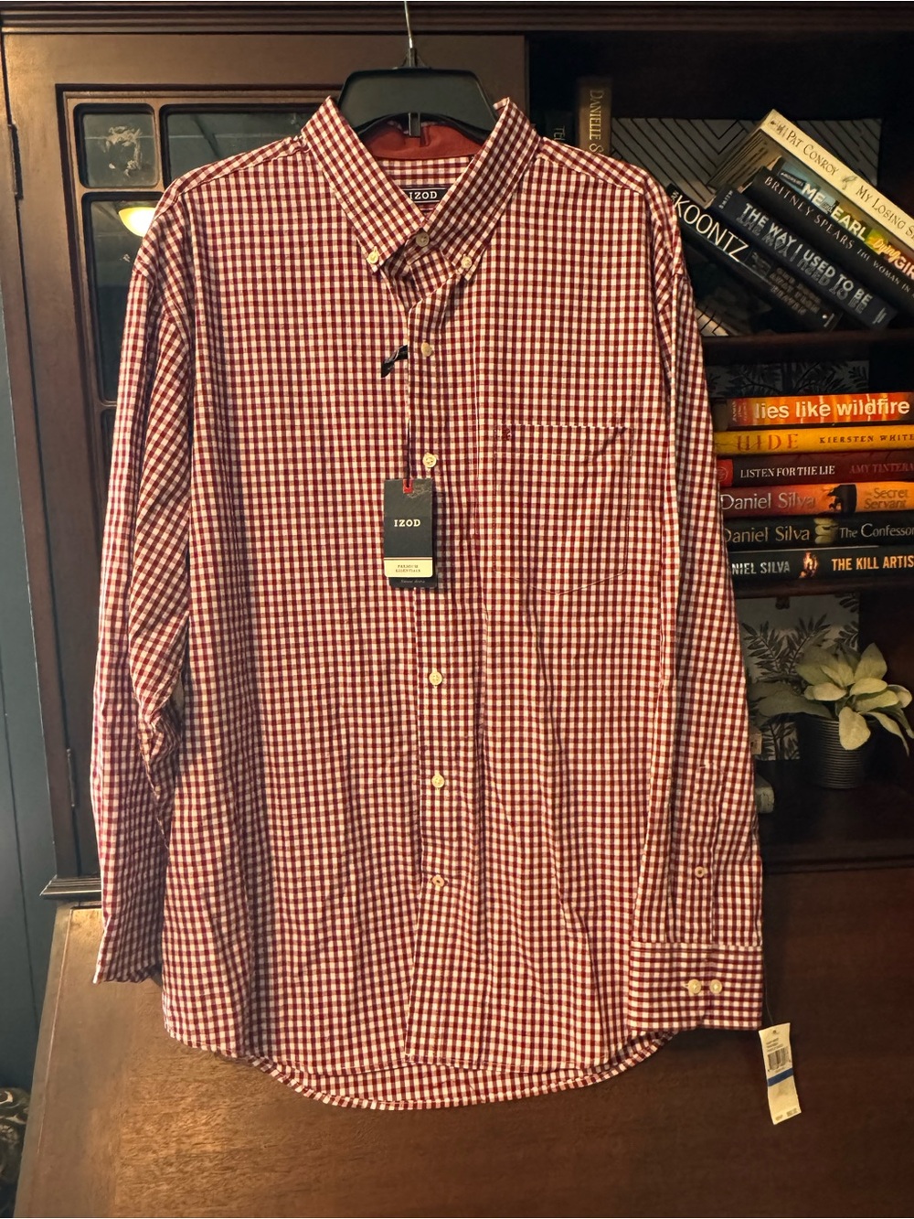 Izod Men's  Deep Red and White Gingham Button-Down Shirt